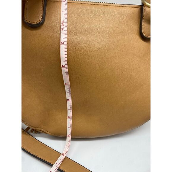 Sondra Roberts Squared cross stitched saddlebag handbag - tan and canvas - Picture 5 of 8